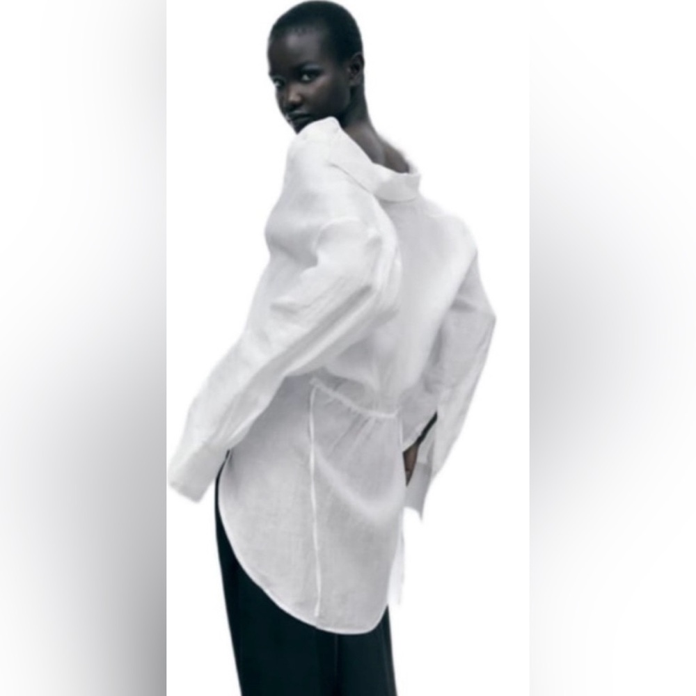 NWT Zara White 100% Linen Oversized Drawstring Back Shirt Size XS.